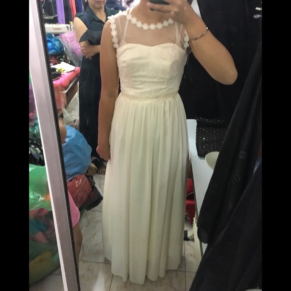 Cream Lace Prom Dress with Mesh - Picture 4 of 4